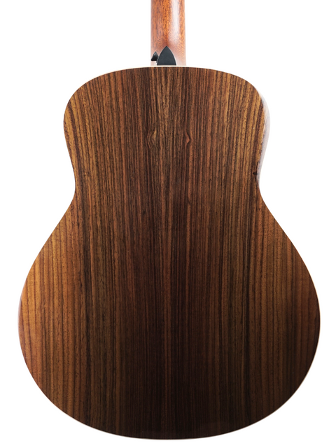 The back of a Taylor GT 811e acoustic guitar, highlighting its beautiful wood grain and quality from the USA, 2022.