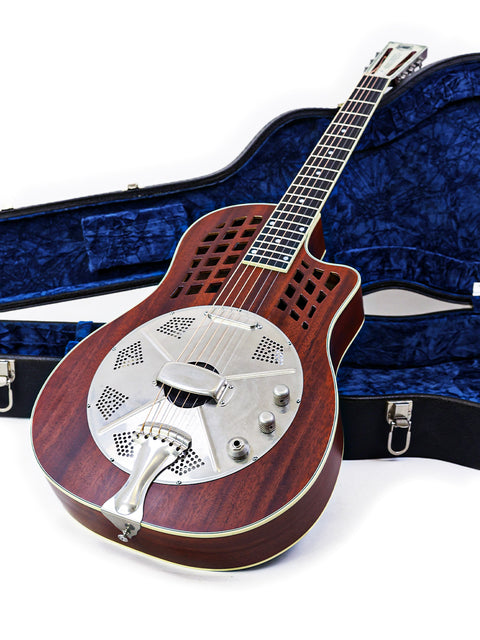 A 2016 National ResoRocket WB Steel guitar in a case, showcased on a plain white backdrop.
