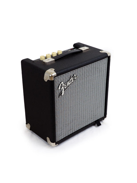 A Fender Rumble 15 V3 Bass Combo Amp showcasing a stylish black exterior complemented by silver trim for enhanced aesthetics.