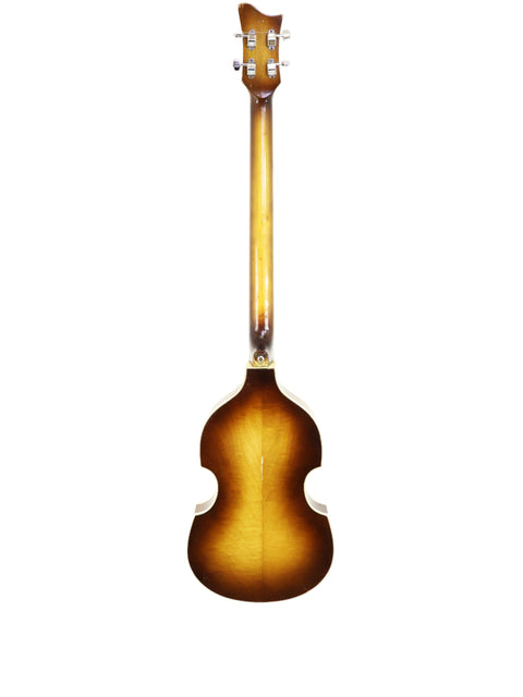 A Hofner 500/1 'Beatle Bass' guitar with a rich brown body and neck, showcasing its vintage design from Germany, 1962.