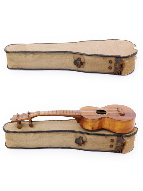 A Kumalae Style 2 ukulele from Hawaii, c. 1913, displayed with one in a case and another without, highlighting their beauty.