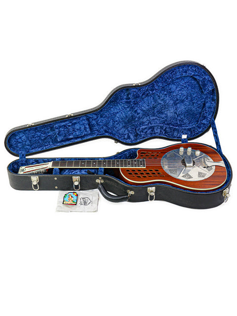 A National ResoRocket WB Steel guitar nestled in a blue case, representing quality and design from the USA, 2016.