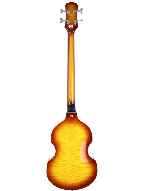 A back view of an upright double bass with a warm, honey-colored finish.