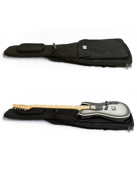 A case holds two guitars with a strap, showcasing the FGN Fujigen J Standard Iliad Tele Style, made in Japan, 2015.