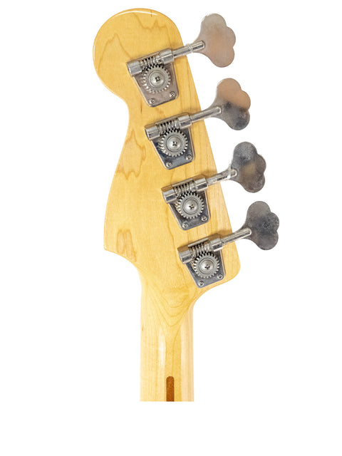 A close-up of a four-string Fernandes P Bass guitar, highlighting its craftsmanship from Japan, 1978-81.
