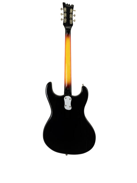 A sleek black electric guitar with a striking flame pattern on the neck, identified as a 1990s Mosrite Of California model.
