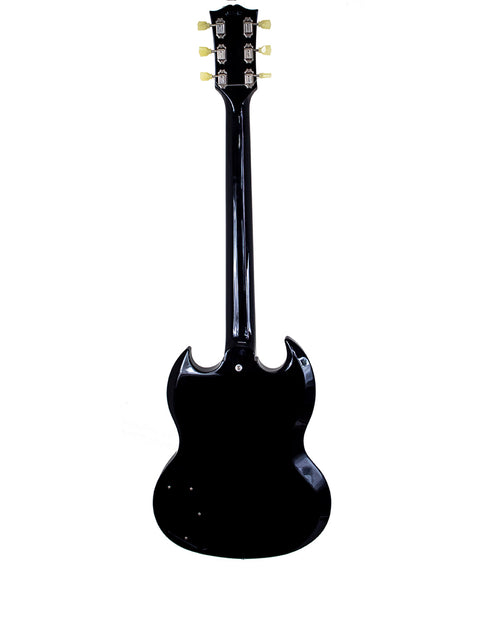 A striking black guitar, the Gibson Custom Shop 1961 SG Standard, displayed on a white background for a bold contrast.
