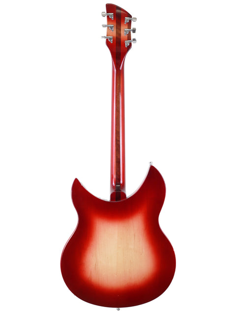 A striking red Rickenbacker 330 guitar against a clean white backdrop, highlighting its 2006 Fireglo design.