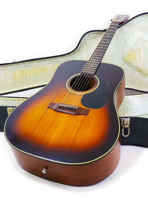 A sunburst-finished K. Yairi W1S guitar from 1983, securely placed in its case, highlighting its classic design.