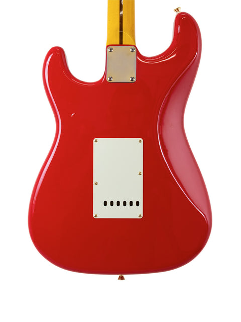 A vibrant red guitar with a white body and yellow headstock, identified as StrXX Partscaster – USA 2012.