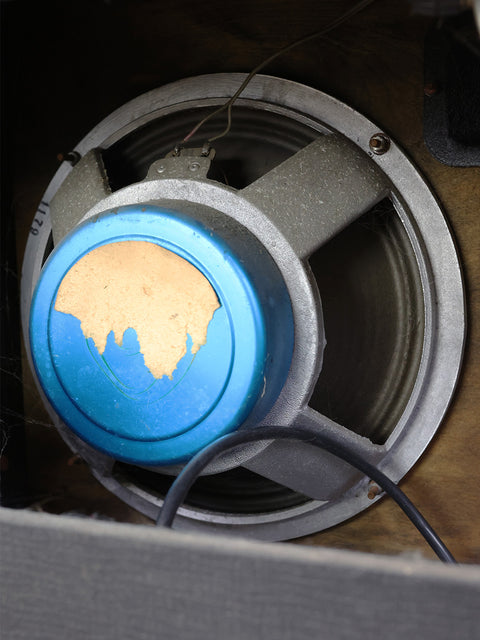 A vintage VOX AC50 MKII speaker with a blue cover, highlighting its UK origins from 1968.