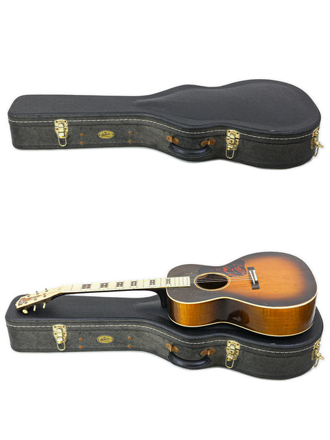A white background showcases two guitars in cases, including a 1936 Gibson L-C ‘Century of Progress’ model.