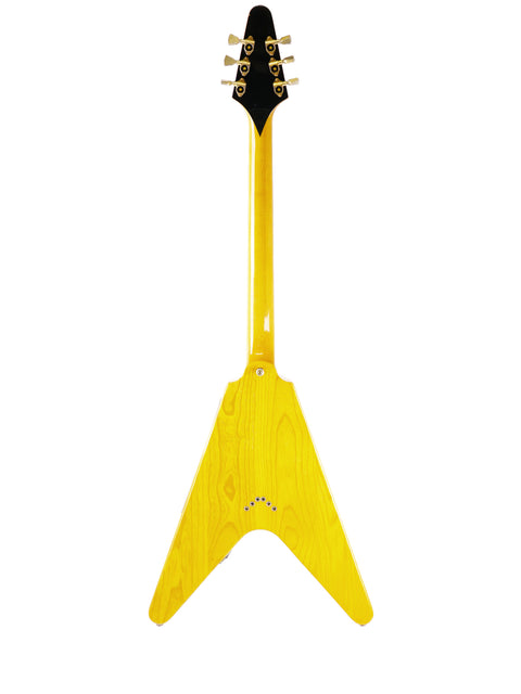 A yellow Ibanez 2387CT Rocket Roll Sr. Flying V guitar with a sleek black headstock, showcasing its vintage design from 1976-77.