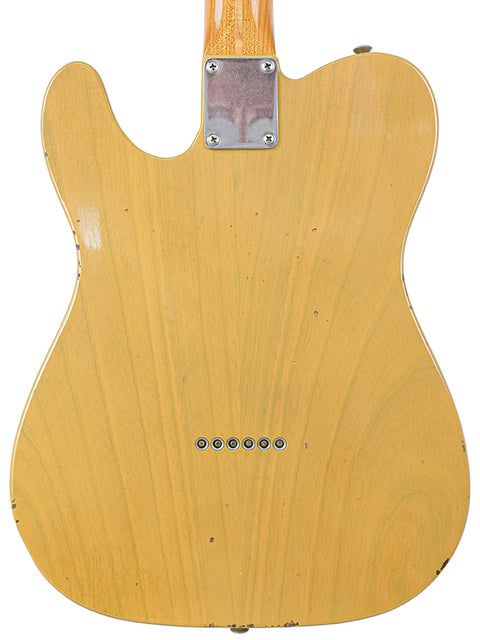 Back view of a yellow Fender Master Built Jason Smith Esquire guitar, showcasing its craftsmanship from USA 2018.