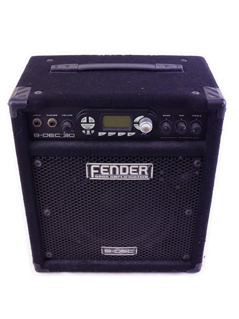 Black Fender bass amplifier with knobs and a digital display on a white background.