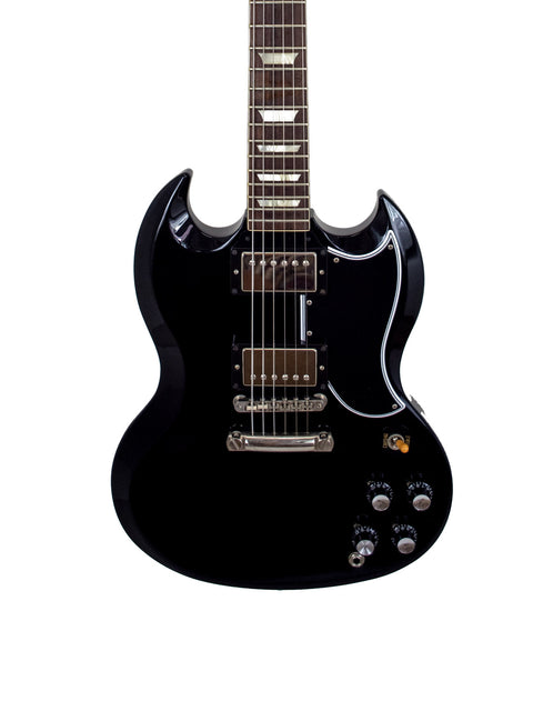 Black electric guitar with a white background, representing the Gibson Custom Shop Wildwood Spec 1961 SG Standard Reissue from 2015.