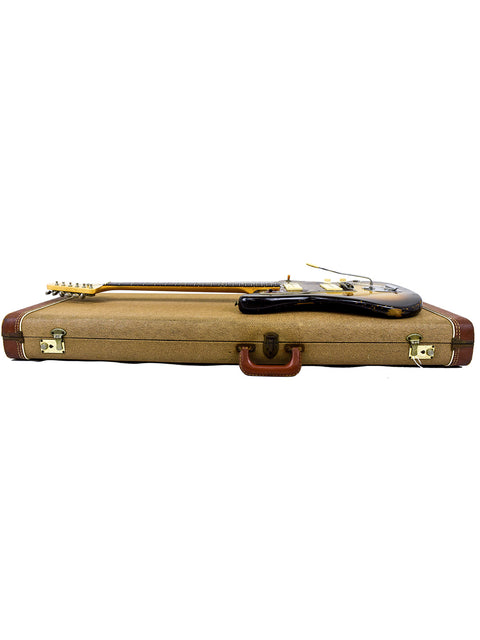 Classic 1960 USA Fender Jazzmaster guitar case, distinguished by its wooden handle and body, embodying vintage elegance.