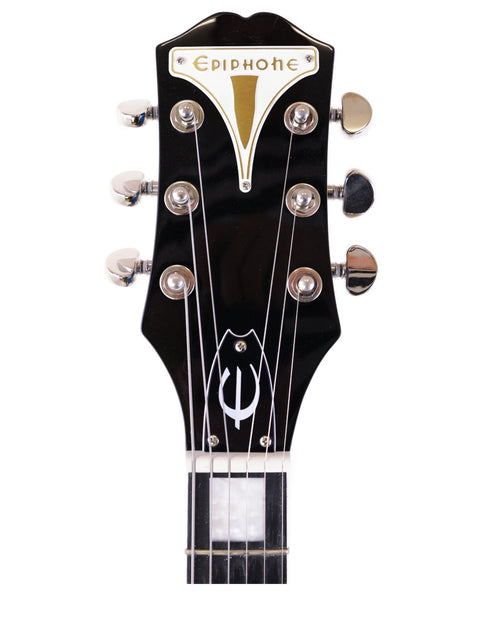 Close-up image of the headstock from an Epiphone UpTown Kat ES guitar, highlighting the logo.