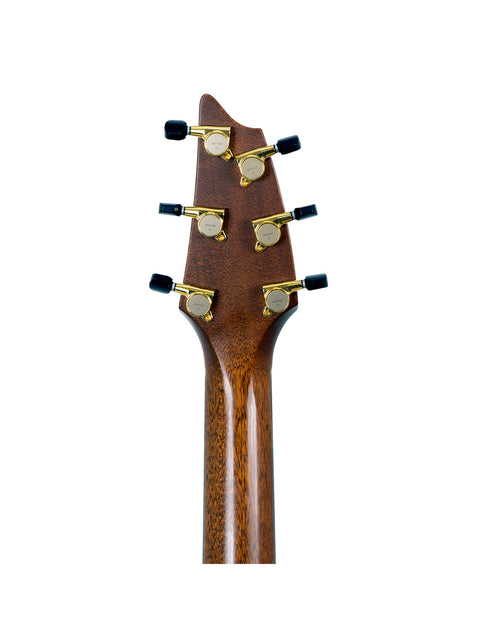 Close-up image of the headstock on a Breedlove Journey Concert Ltd electric guitar, emphasizing its quality and intricate details.