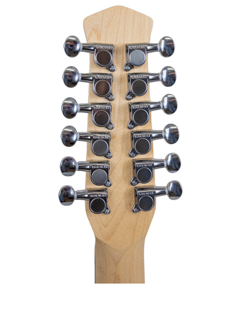 Detailed view of the neck of a Jerry Jones Neptune Shorty Octave 12-string electric guitar, highlighting its craftsmanship.