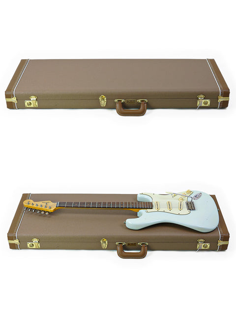 Electric guitar cases in white and brown, highlighting the Fender Custom Shop Ltd '59 Stratocaster Journeyman - USA 2019 model.