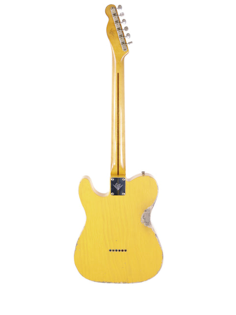 Fender Carlos Lopez Masterbuilt Nocaster guitar, featuring a yellow finish with a white body and neck, crafted in 2019, USA.