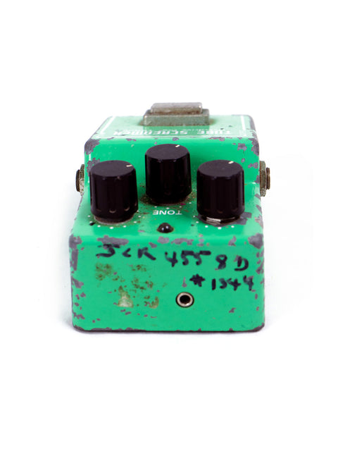 Green guitar pedal, Ibanez TS-808, with black knobs, vintage model from Japan, 1979.