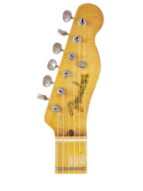 Headstock of a Fender guitar featuring the name, showcasing the Carlos Lopez Masterbuilt Nocaster from 2019, USA.