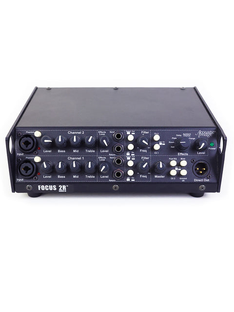 Image of the Acoustic Image Focus 2R Series 3 bass amplifier featuring multiple XLR inputs for versatile audio connections.