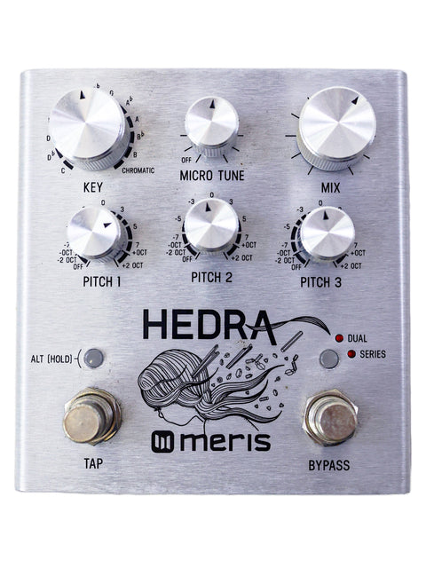 Image of the Meris Hedra pedal, showcasing its sleek design, perfect for adding depth to guitar sounds with 3-voice pitch shifting.