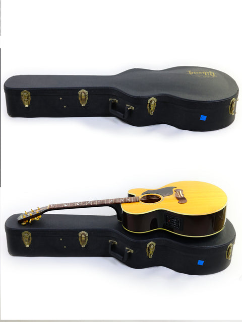 Image shows two guitars in different orientations, highlighting a 2001 Gibson J-180EC from the USA.
