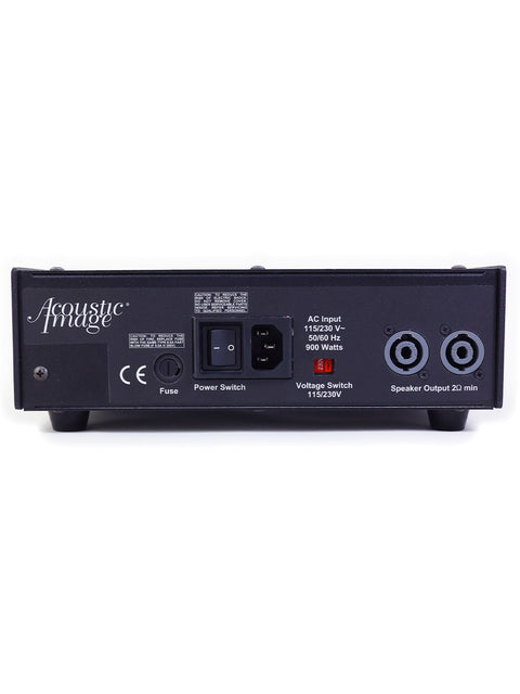 Rear side of a 2009 Acoustic Image Focus 2R bass amplifier power supply, showcasing a bright red light.