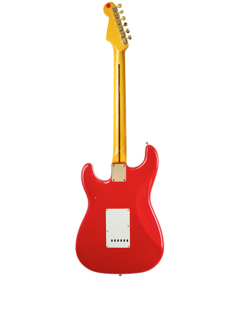 Red electric guitar featuring a bright yellow neck, marked as StrXX Partscaster – USA 2012.