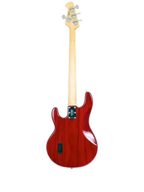 Red electric guitar with a wooden body, featuring the Music Man Stingray 4 H Bass, crafted in the USA, 2008 edition.