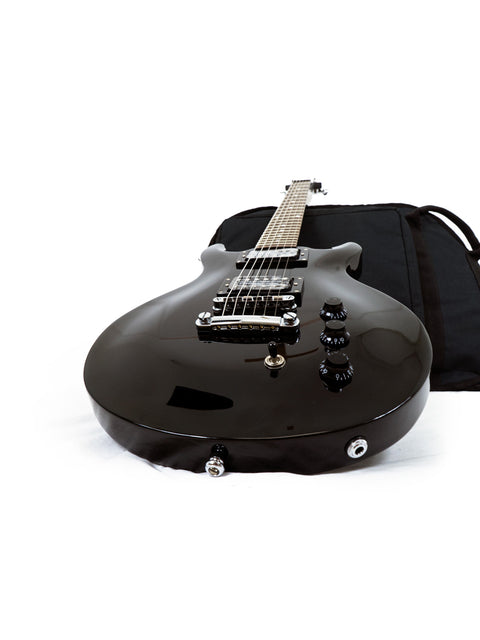 Stylish black Hamer XT Series LP Jr guitar atop a black bag, ideal for guitarists looking for a premium instrument.