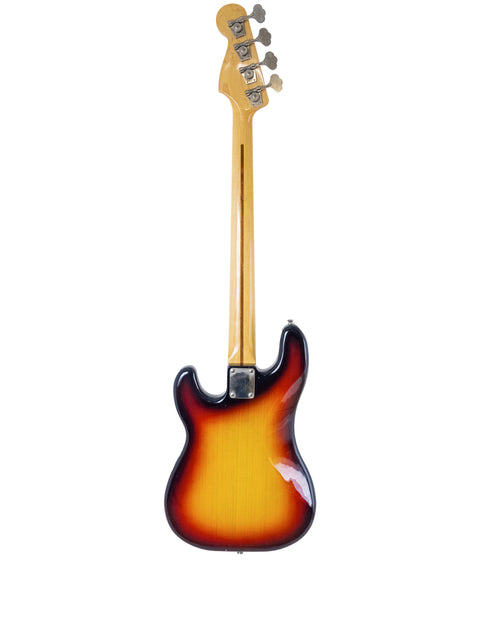 Sunburst Fender American Standard Jazz Bass displayed with a vintage Fernandes P Bass, made in Japan, 1978-81.