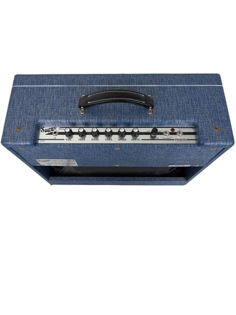 Supro Royal Reverb 1650 RT combo amplifier in blue with a black handle, ideal for delivering rich sound and style.