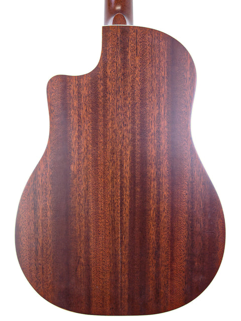 The wooden back of a 2016 National ResoRocket WB Steel acoustic guitar, highlighting its craftsmanship and design.