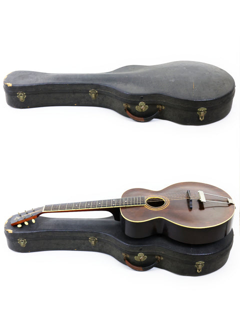 Two guitars displayed: a 1920 vintage Gibson L-1 in a case and another guitar without a case, emphasizing their craftsmanship.