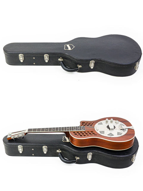Two guitars in cases against a white background, showcasing the National ResoRocket WB Steel, USA, 2016 edition.