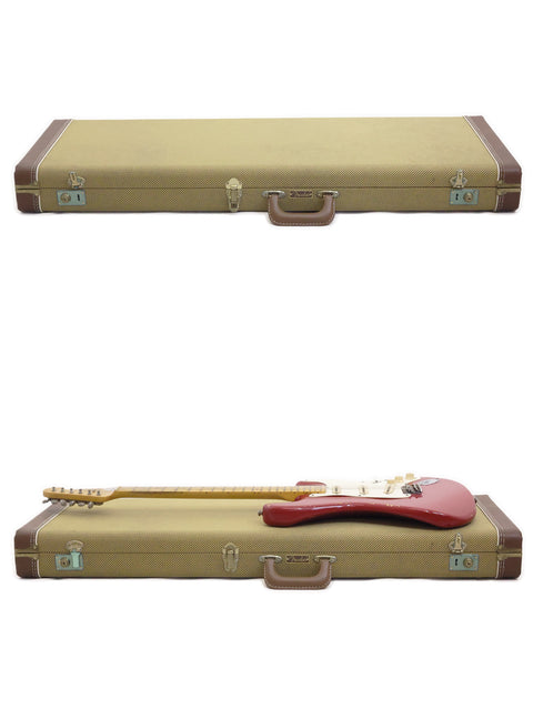 Two open cases reveal a Fender Custom Shop ’56 Stratocaster Relic guitar in each, highlighting their 2008 craftsmanship.