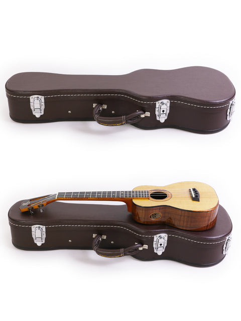 Two ukuleles resting in a case against a white backdrop, representing the Kanile’a Platinum Limited Edition Super Concert, Hawaii 2017.