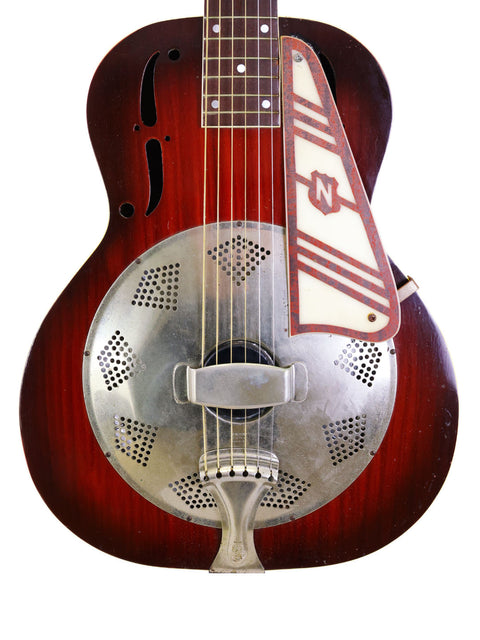 Vintage 1937 National Trojan Resonator guitar in red and white with a white pick guard, showcasing classic design.