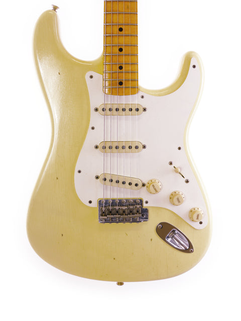 White electric guitar, Fender Ltd Custom 50s Journeyman Stratocaster, with a sleek white pickguard, USA 2018 model.