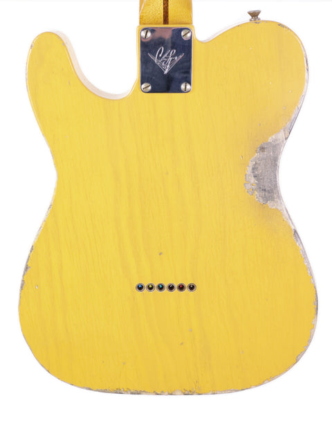 Yellow Fender Carlos Lopez Masterbuilt Nocaster guitar featuring a white pickguard, made in the USA in 2019.