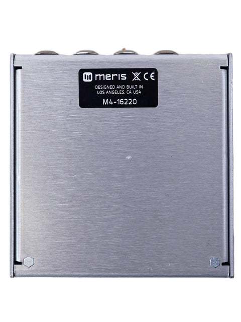 back of a silver metal box labeled "mfr - x," featuring the Meris Hedra 3-Voice Rhythmic Pitch Shifter from the USA.