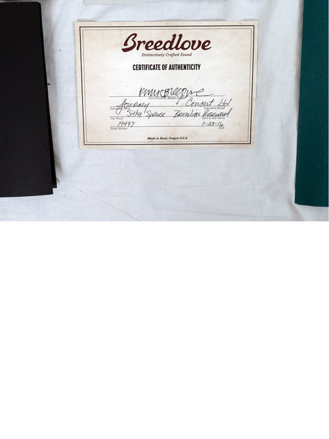 certificate displayed on a white sheet, showcasing Breedlove Journey Concert Ltd Sitka/Brazilian #22 of 50 – USA 2016.