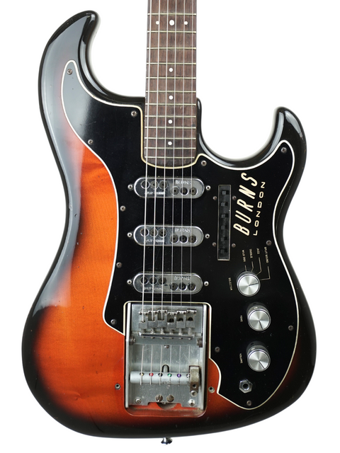 1964 Burns Split Sound guitar with a sunburst finish and bright orange body, showcasing classic vintage style.
