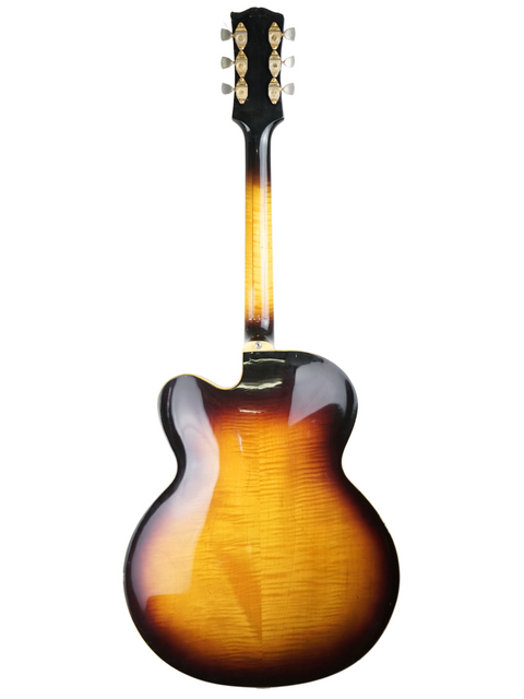 1966 Gibson Johnny Smith sunburst guitar, showcasing its vintage design on a white backdrop.