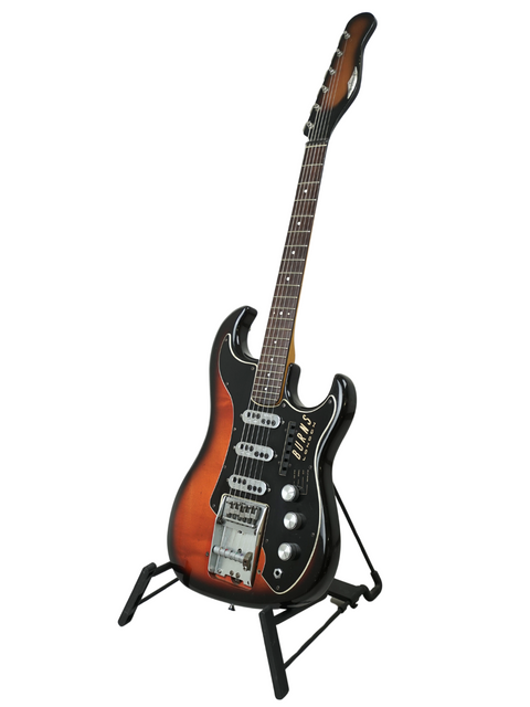 A 1964 Burns Split Sound guitar resting on a stand, highlighted by a striking black background.
